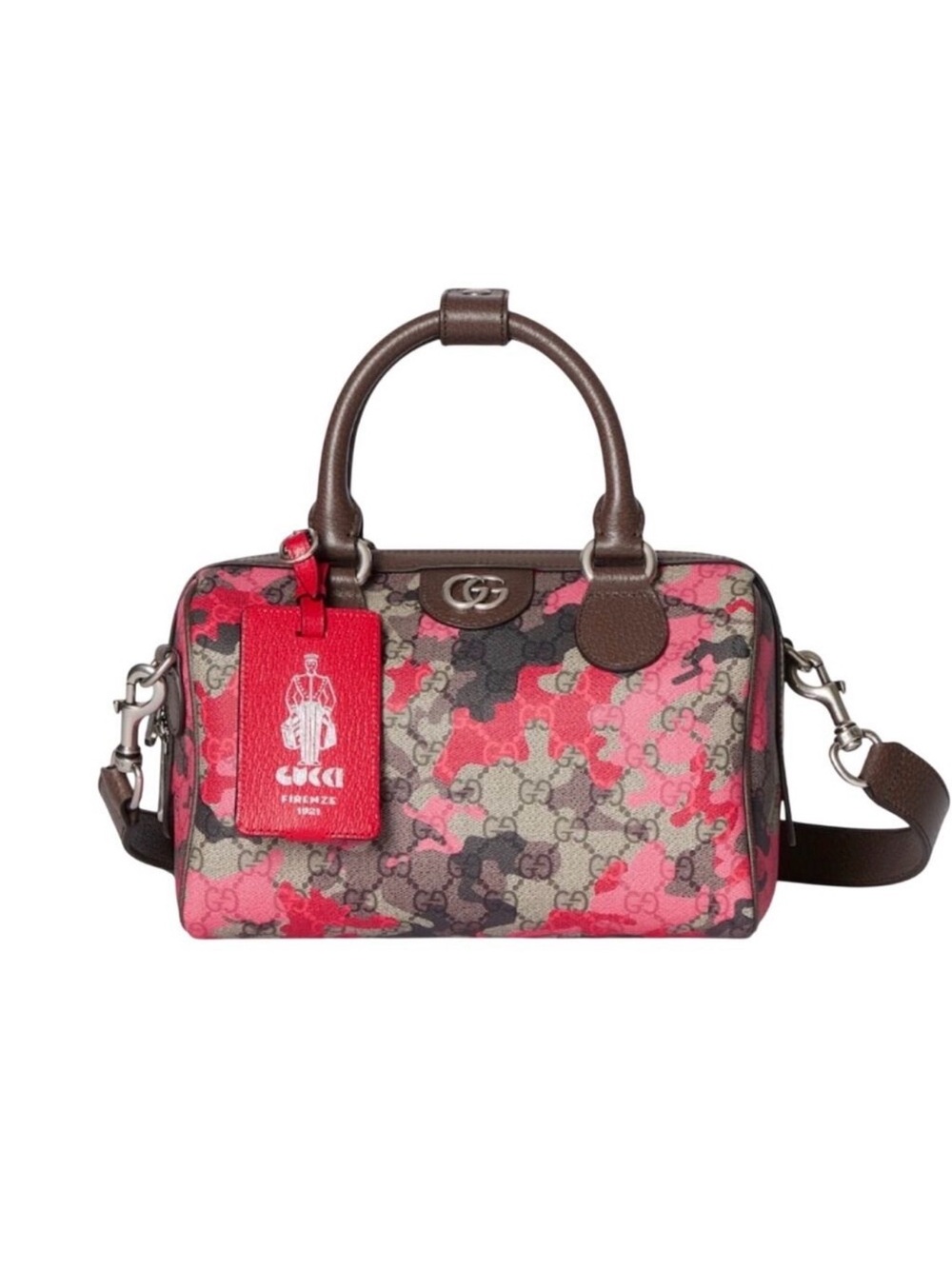 New Gucci GG Emblem pink camouflaged duffle travel crossbody handle medium bag,
